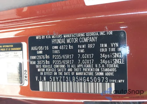 2017 Hyundai Santa Fe Sport 2.4L from USA, damaged, VIN 5XYZT3LB5HG450973